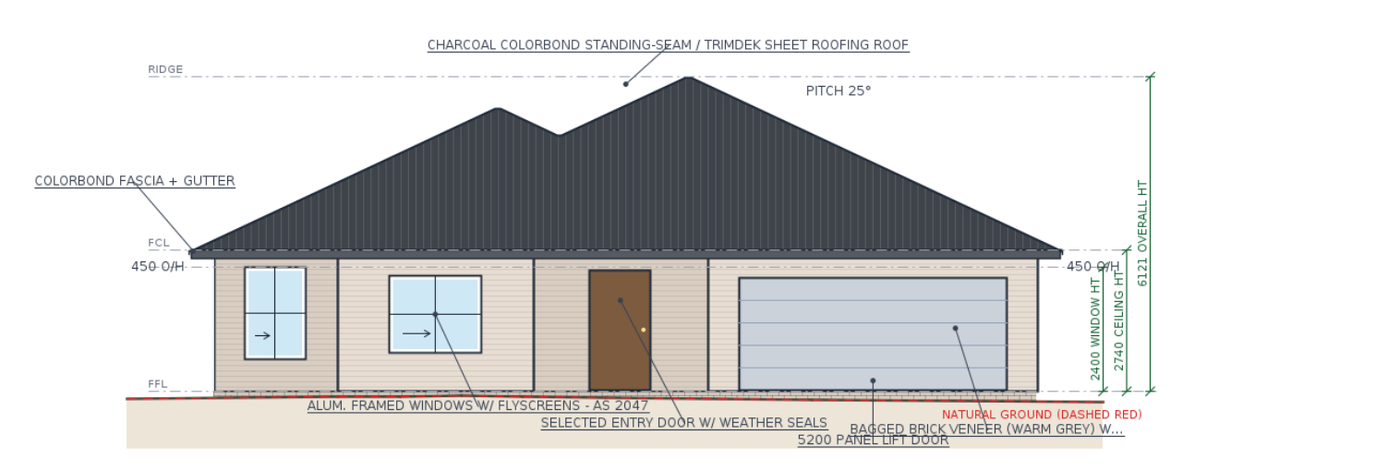 Annotated street elevation of the same home
