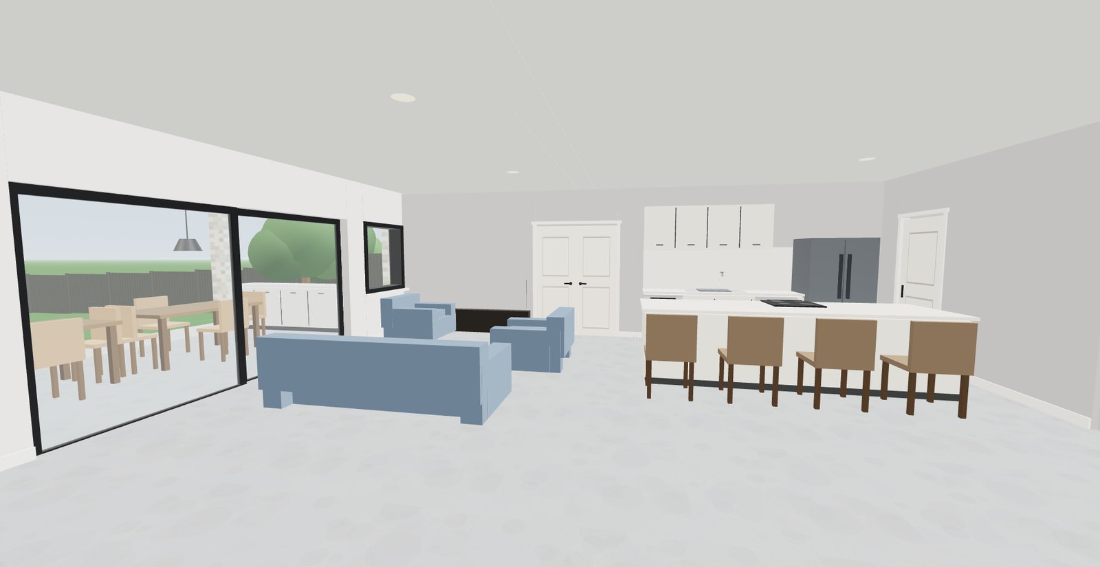 First-person 3D walkthrough of an open-plan living area and kitchen